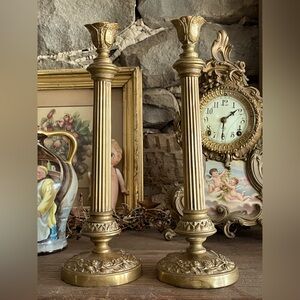 Antique Bronze French (?) Candlesticks Candle Holders Floral Relief Brass